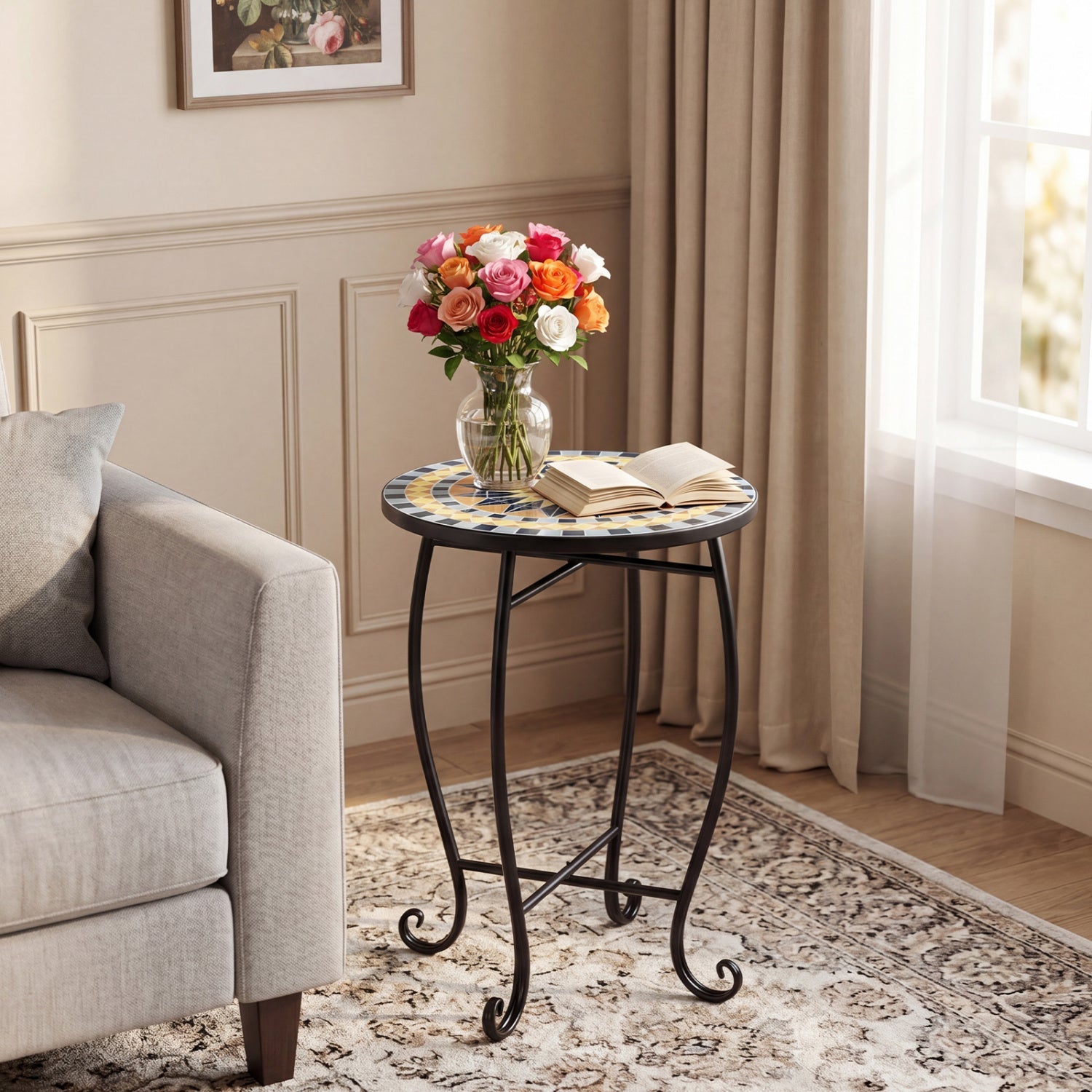 14" Mosaic Patio Accent Table with Metal Frame