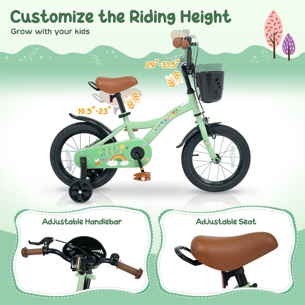 14 Inch Girls Bike with Training Wheels and Basket - Green