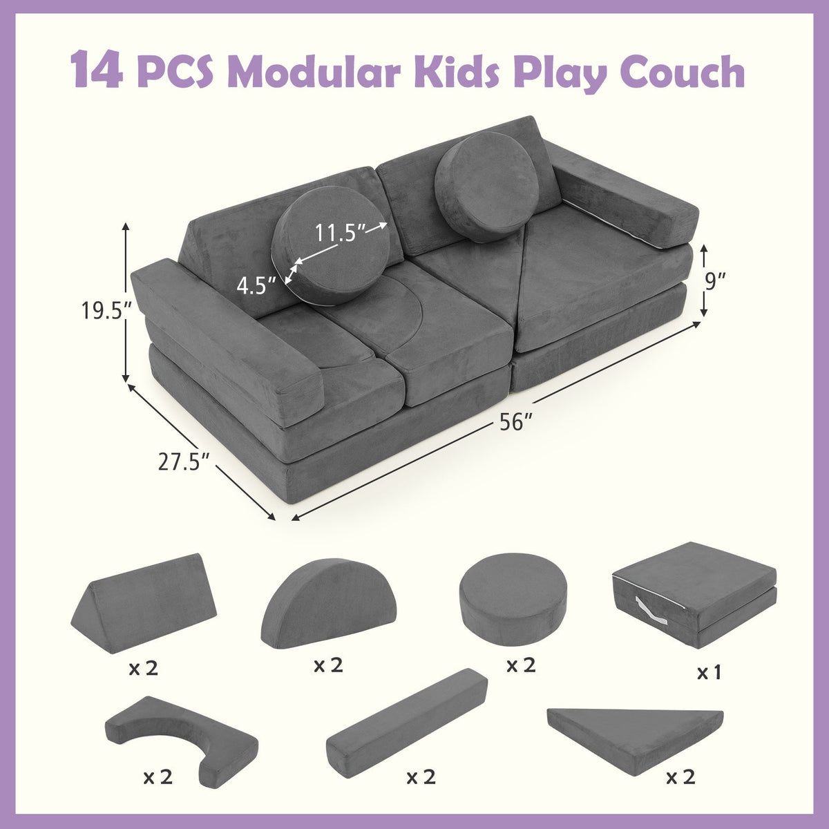 14 PCS Modular Kids Play Couch for Playroom and Bedroom