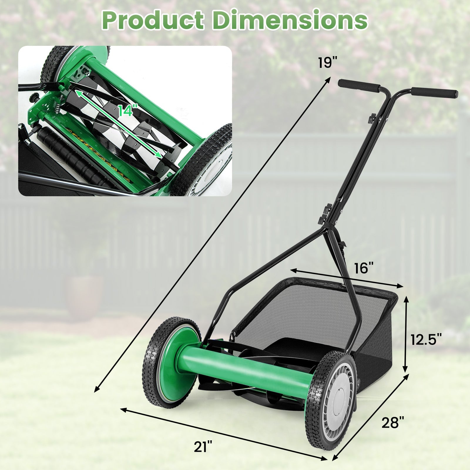 14 Inch Push Lawn Mower with 5 Steel Blades and Grass Catcher Bag