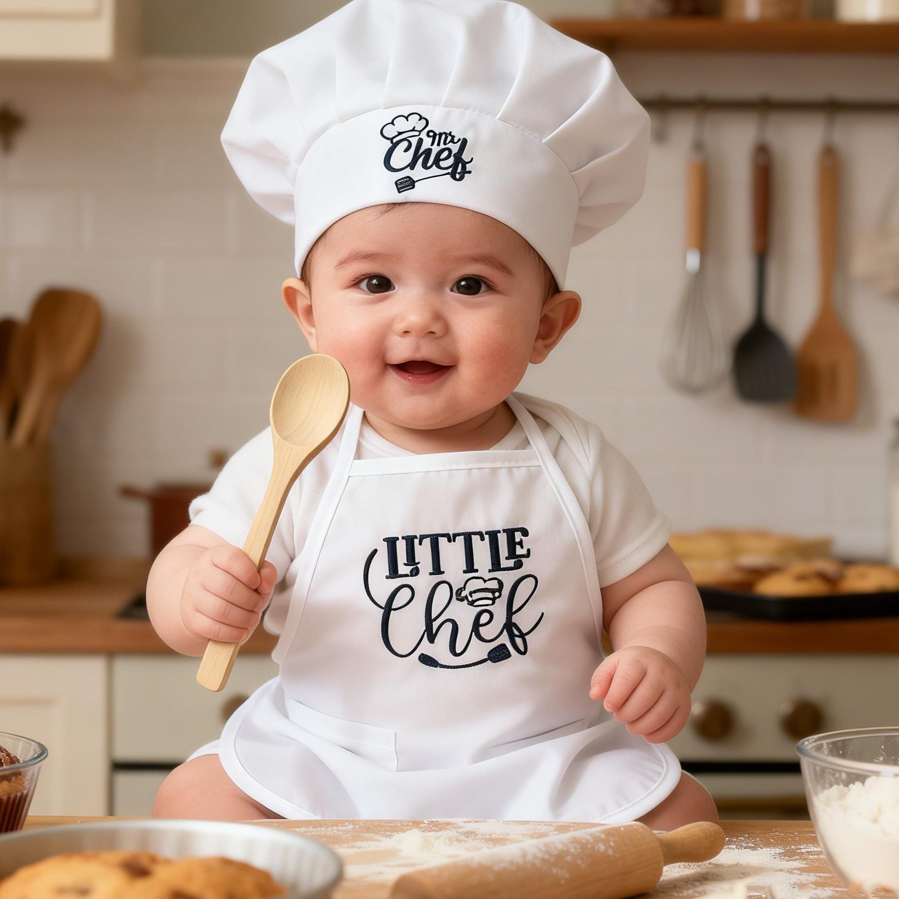 One-month-old Baby Photo Outfit Tall-top Hat Lace-trimmed Embroidery Little Chef Costume