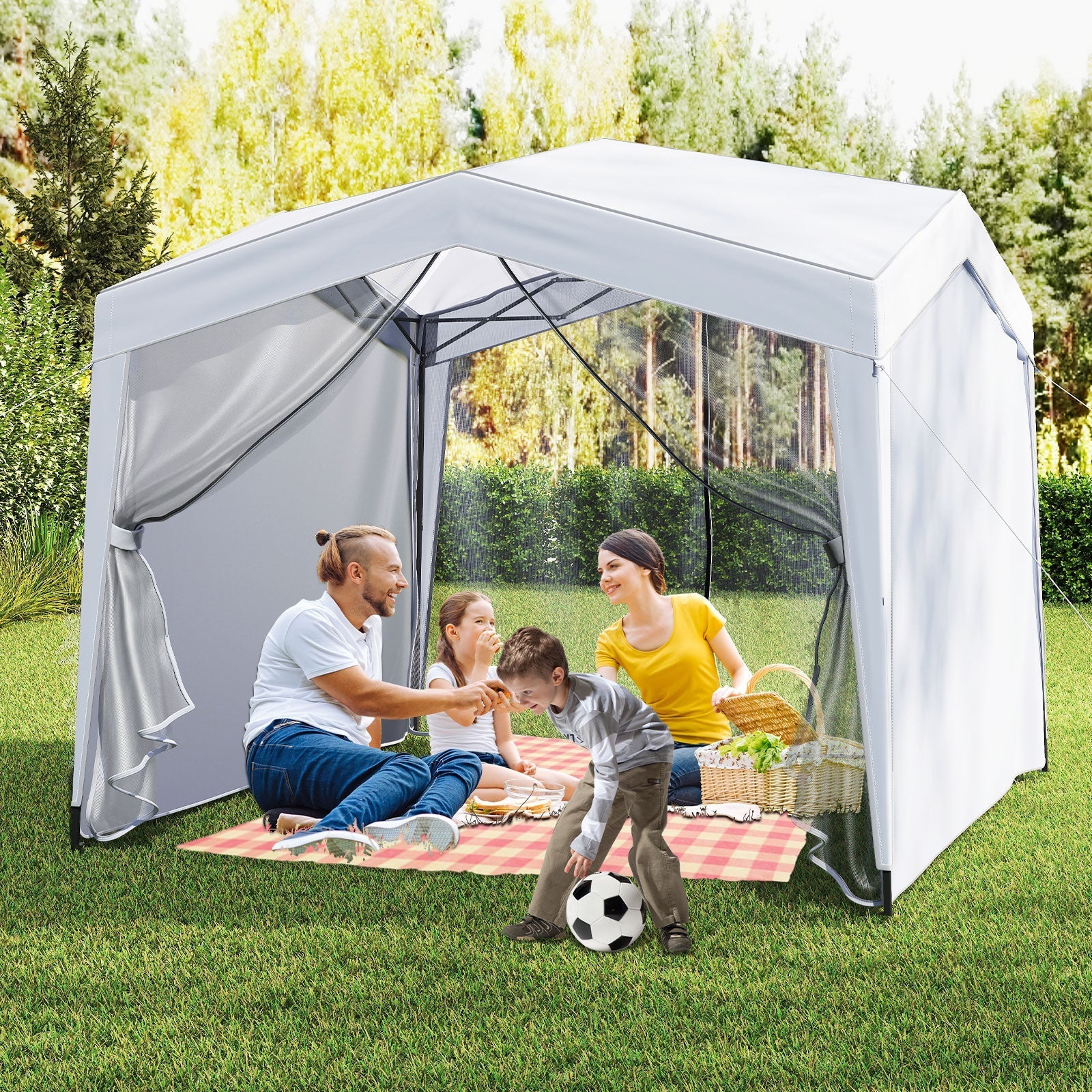 Pop up Canopy Tent wiht 4 Sidewalls Mesh Netting Wheeled Bag-White