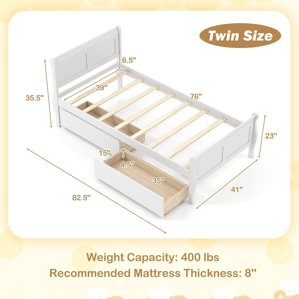 Twin Size Sleigh Bed with 2 Storage Drawers Wood Platform Bed Frame