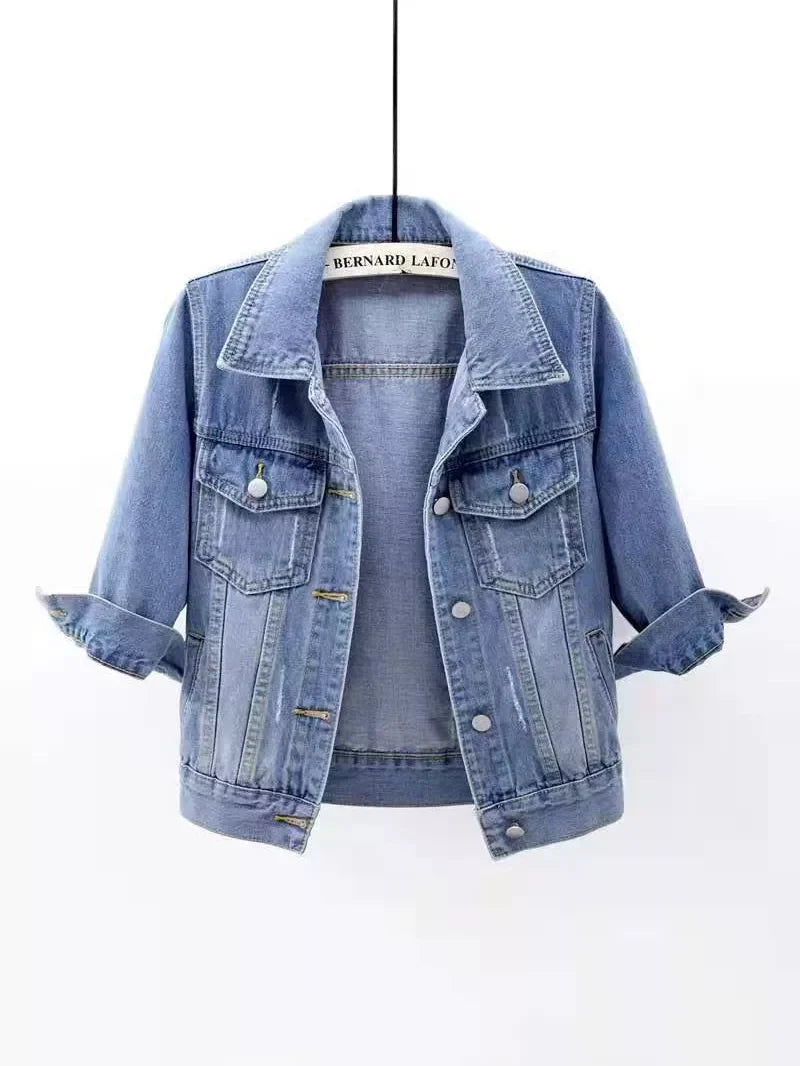 Full Size Distressed Mid-Sleeve Denim Jacket Plus Size