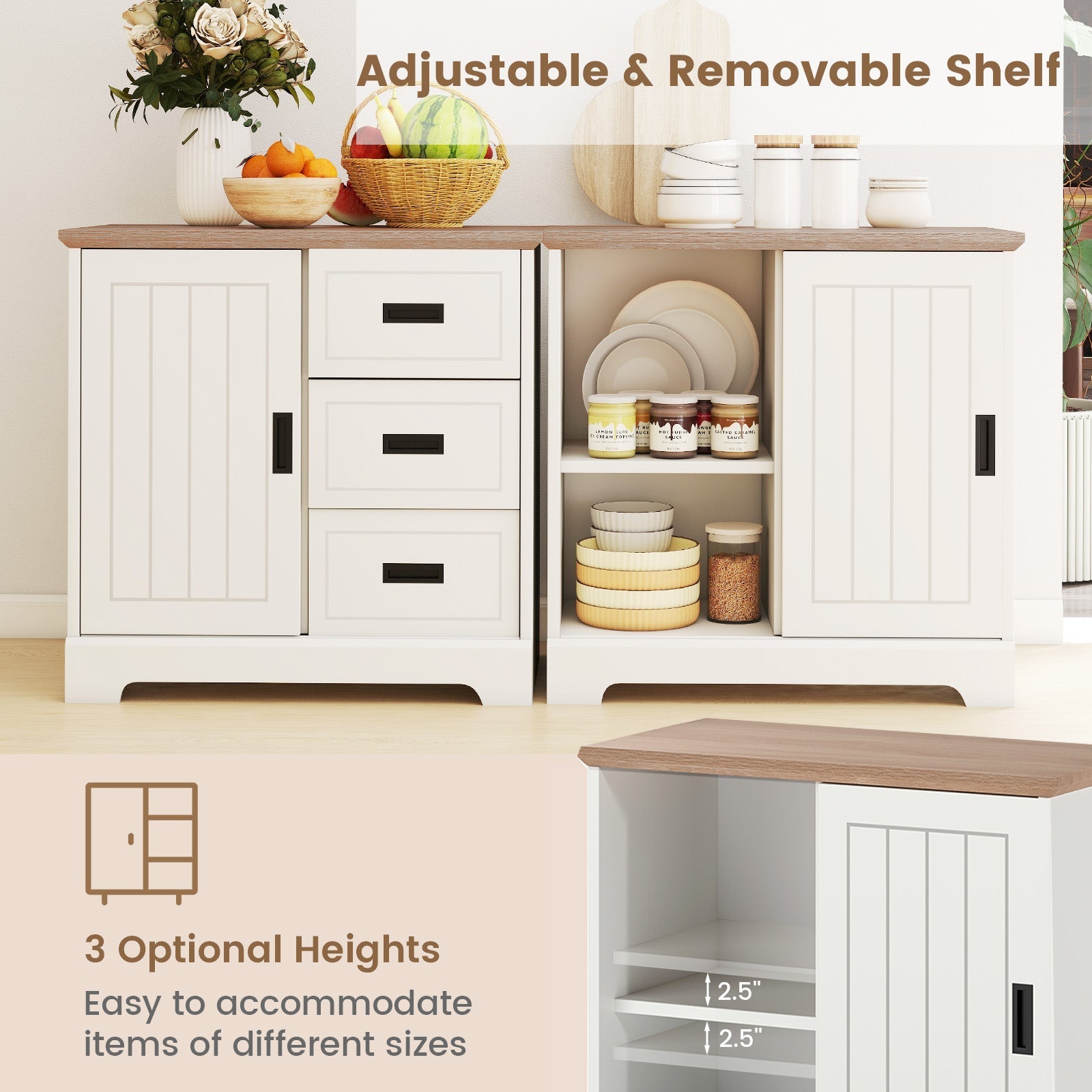 Farmhouse Sideboard Buffet Cabinet Kitchen Pantry with Sliding Doors-White