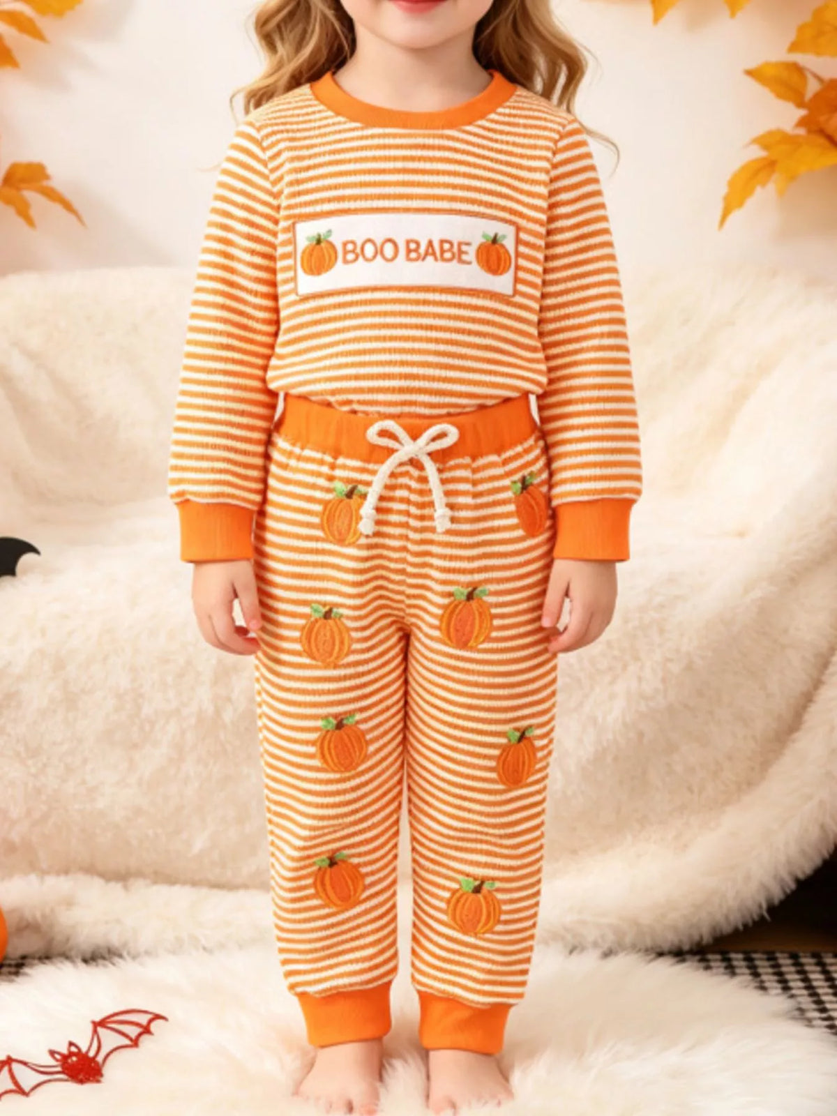 Children's Halloween Pumpkin Striped Long Sleeve Pajama Set