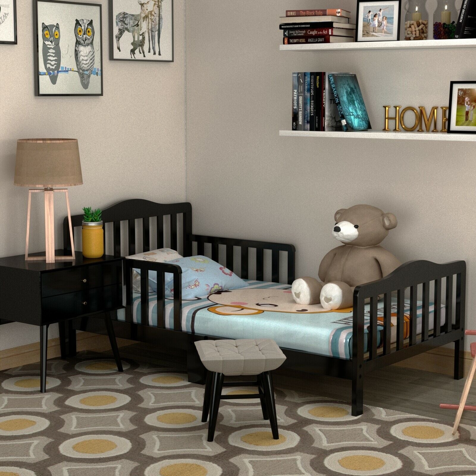 Classic Design Kids Wood Toddler Bed Frame with Two Side Safety Guardrails