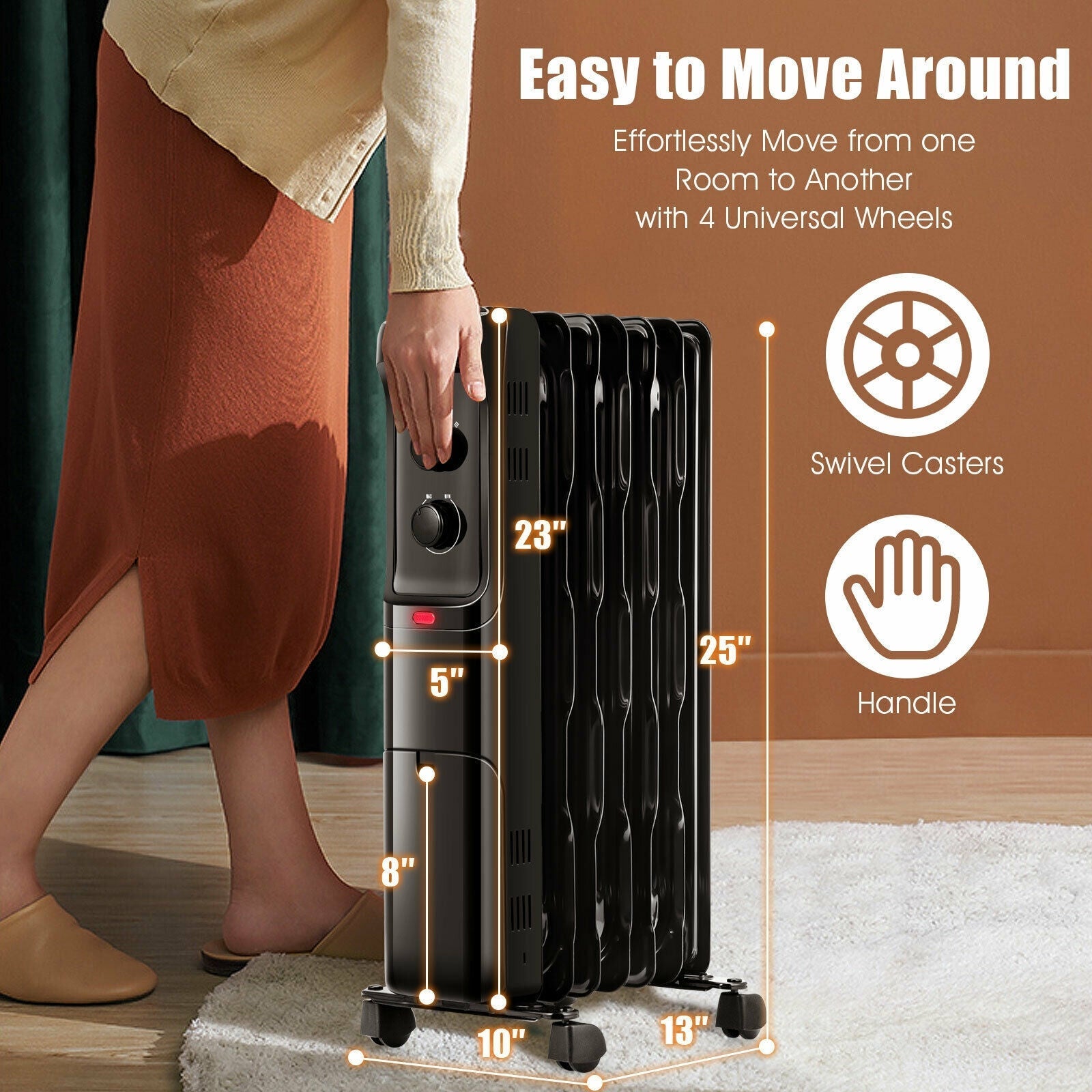 1500W Oil Filled Portable Radiator Space Heater with Adjustable Thermostat
