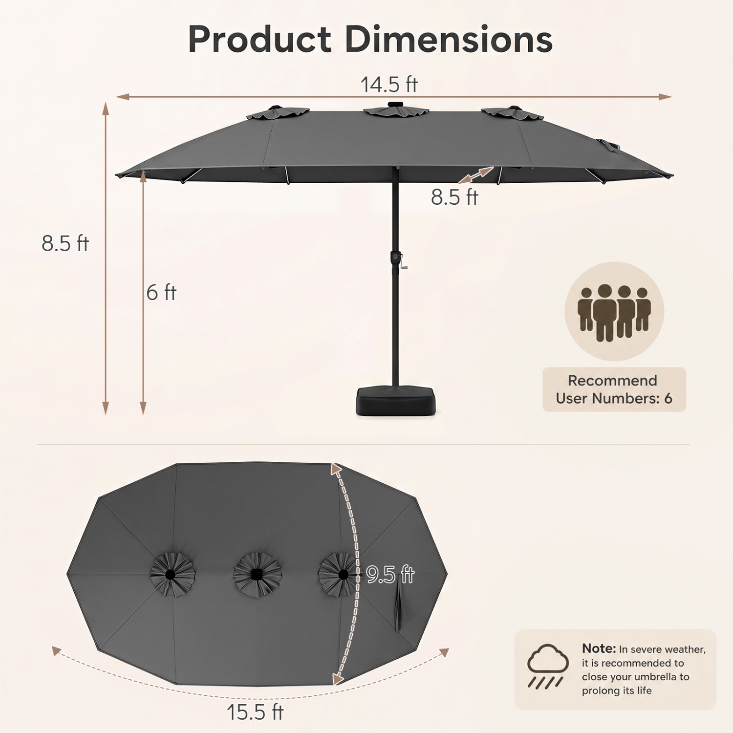 15.5 ft Patio Umbrella with Solar LED Lights and Base