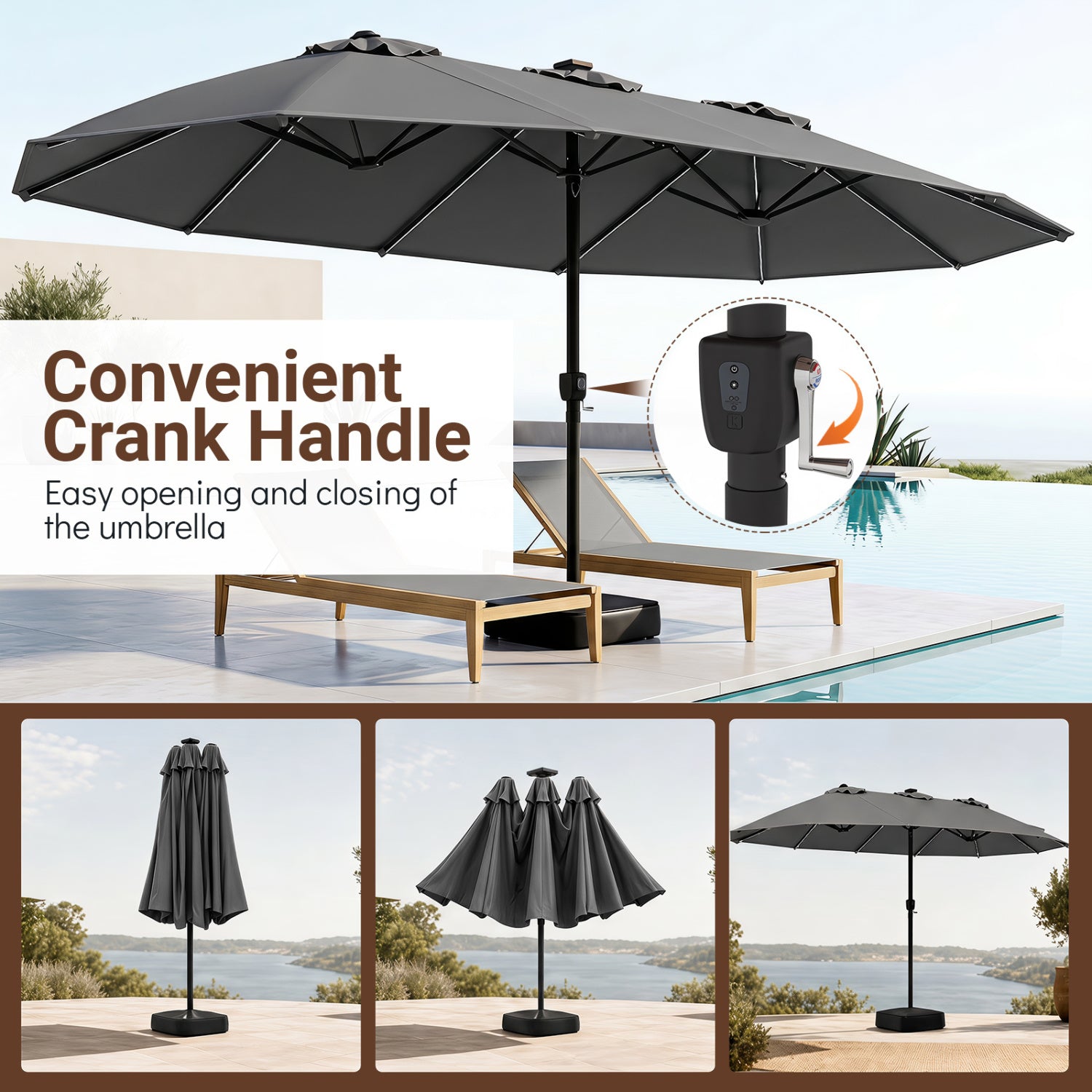 15.5 ft Patio Umbrella with Solar LED Lights and Base