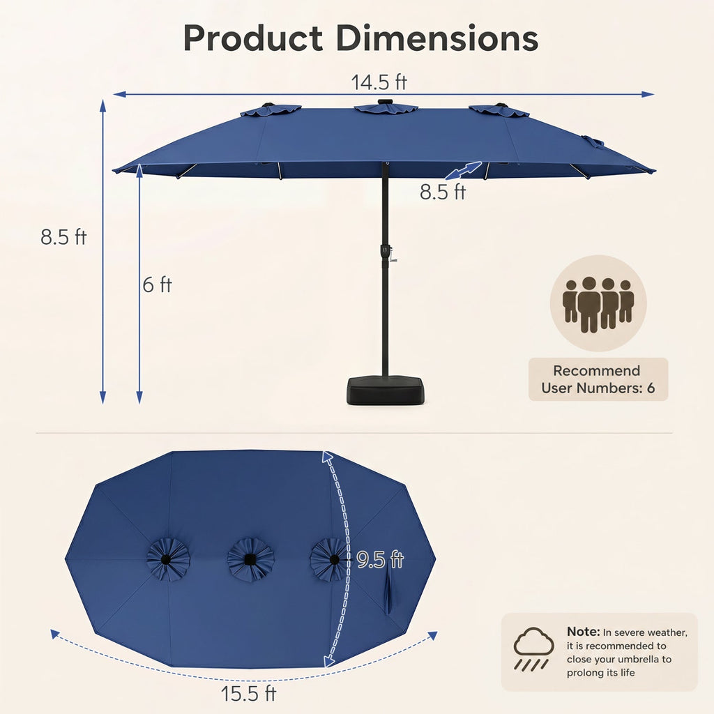 15.5 ft Patio Umbrella with Solar LED Lights and Base