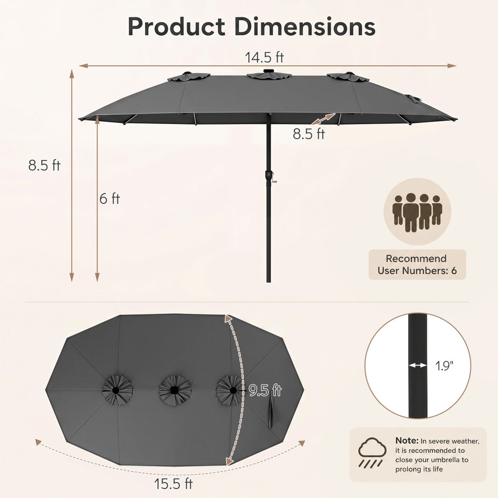 Patio Umbrella 15.5ft with Solar LED Lights and Crank