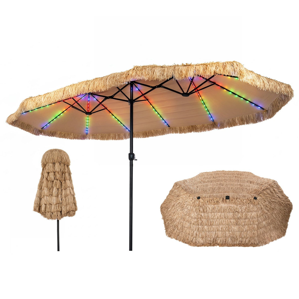 Double-Sided Patio Umbrella 15x9 ft with Solar LED Lights