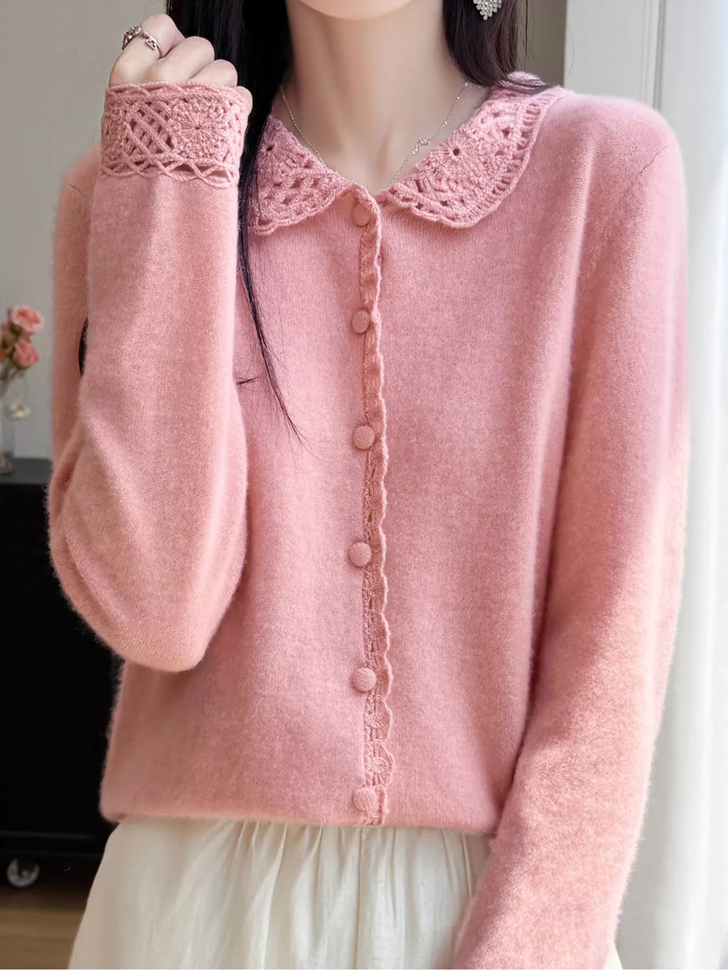 Lace-Collar Button Down Knit Cardigan