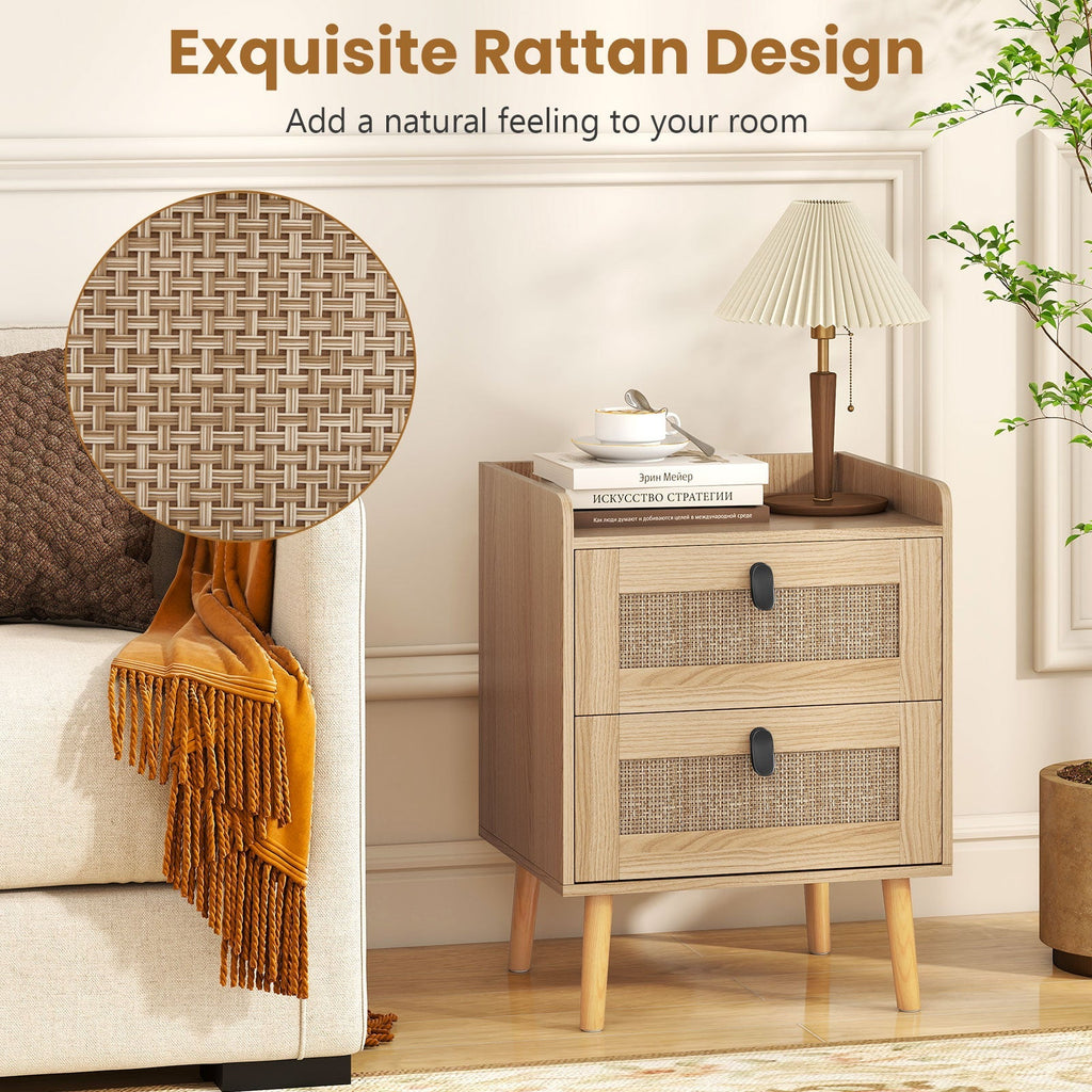 Modern End Table Bedside Table with 2 Rattan Decorated Drawers