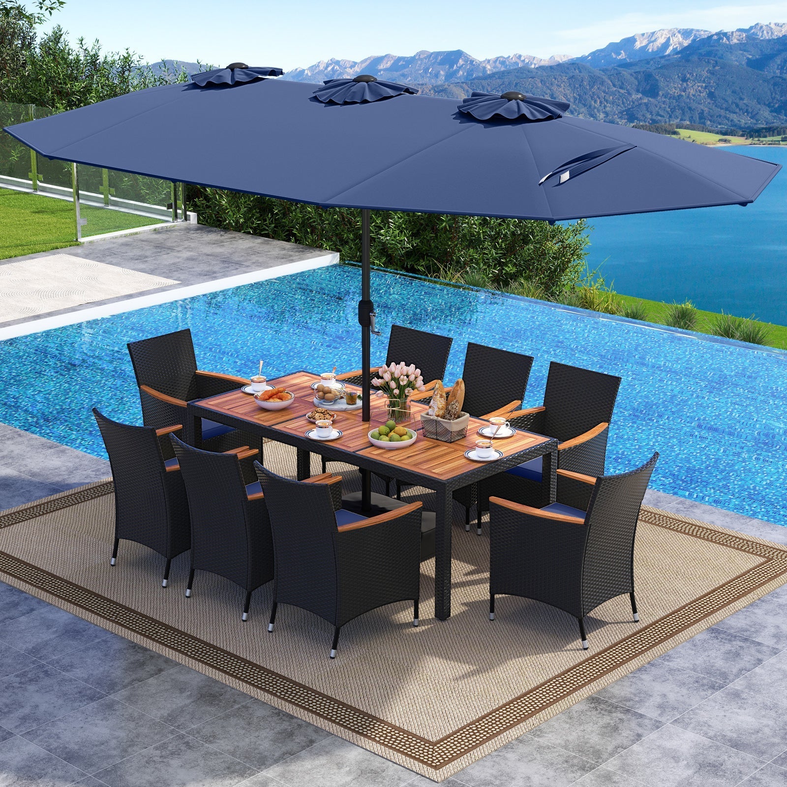 10 Piece Outdoor Patio Dining Set with 15 Feet Double-Sided Twin Umbrella