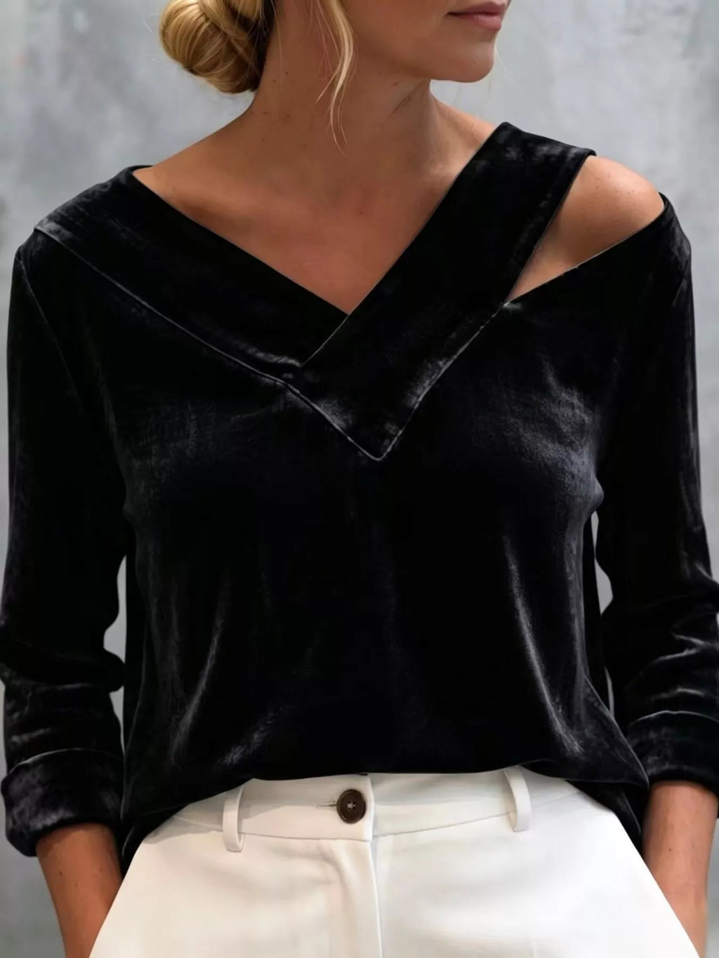 Full Size Velvet Cold-Shoulder V-Neck Blouse Plus Size