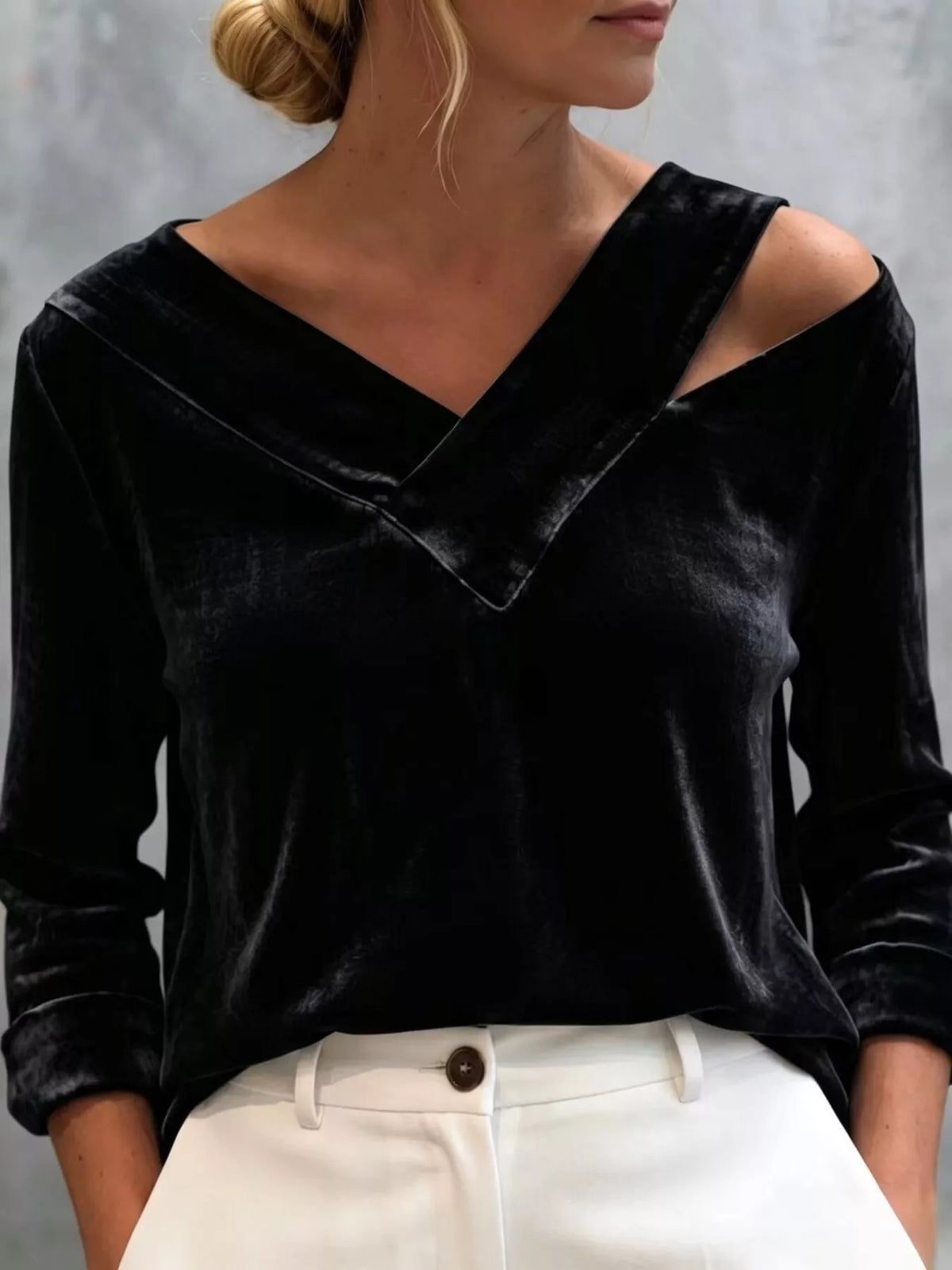 Full Size Velvet Cold-Shoulder V-Neck Blouse Plus Size