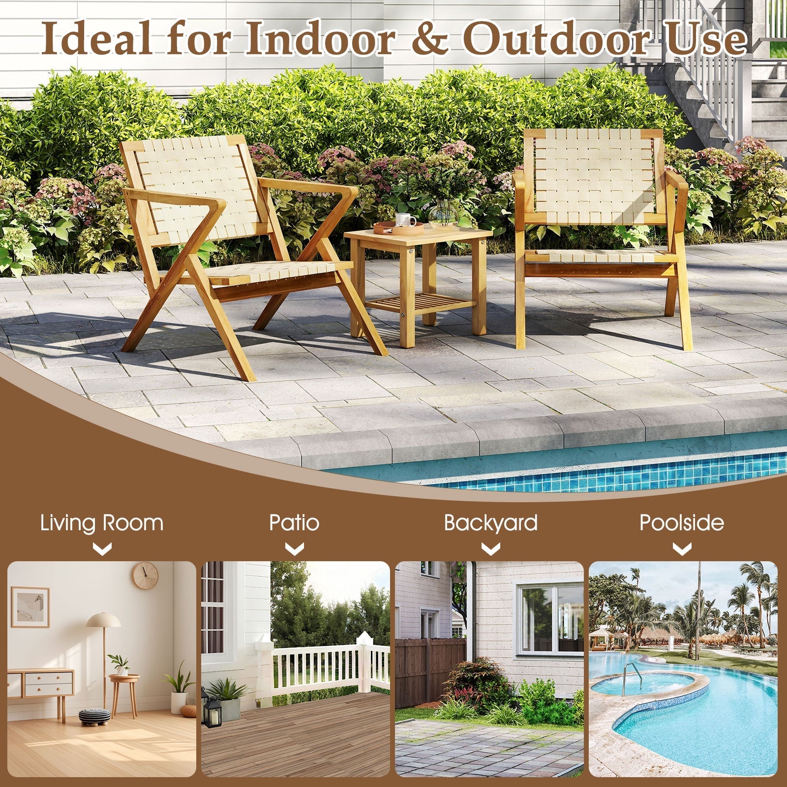 Outdoor and Indoor Teak Wood Patio Chair wuth Webbing Seat and Backrest-Natural