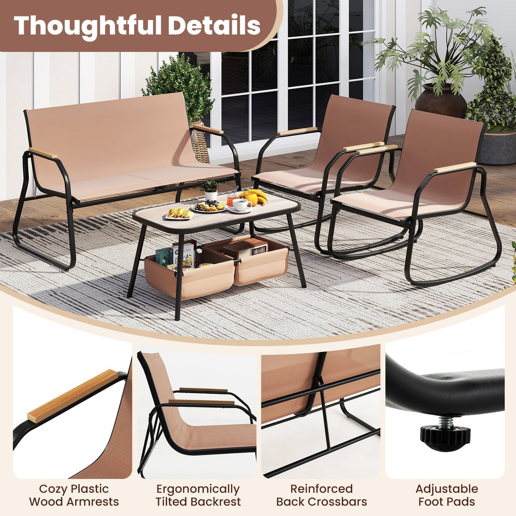 4 Pieces Patio Furniture Set with Rocking Bistro Chairs and Breathable Mesh Fabric-Coffee