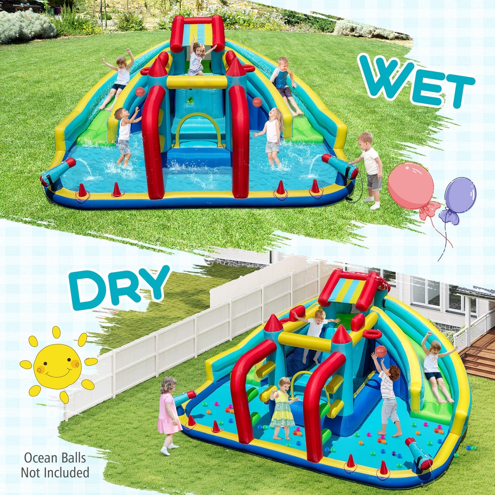 Inflatable Double Water Slide Park with Obstacle Course and 680W Blower