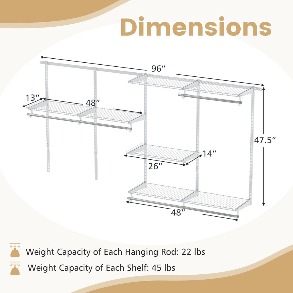Closet System 4-8 FT Wall-Mounted Closet Shelves and Rod