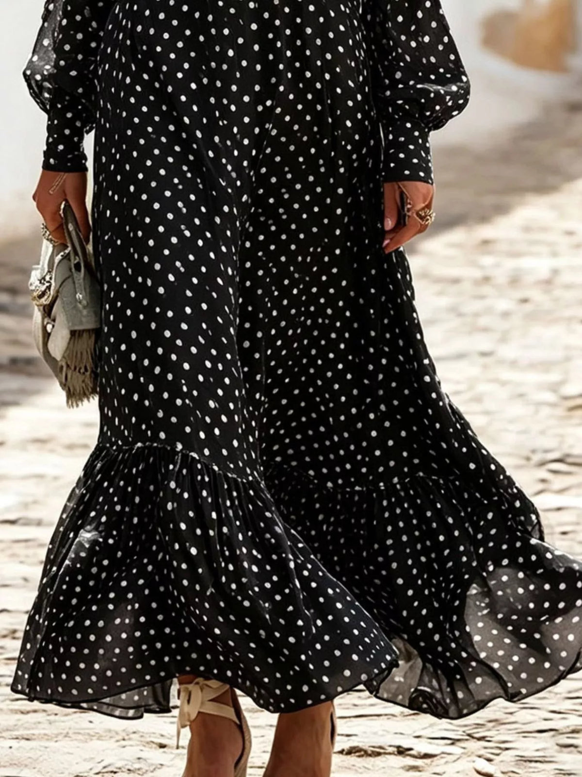 Full Size Polka Dot Ruffle V-Neck Maxi Dress Plus Size