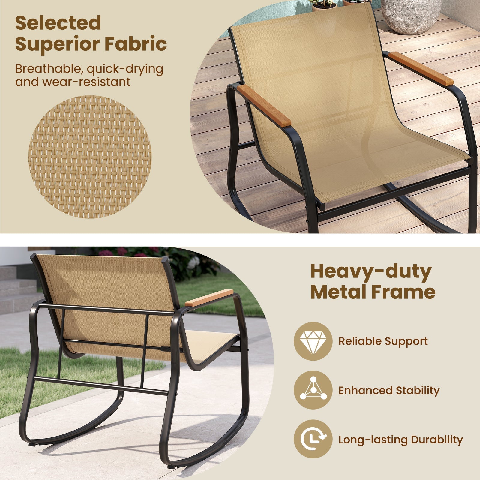 3 Piece Rocking Bistro Chairs and Side Table Set with Storage Bag-Brown
