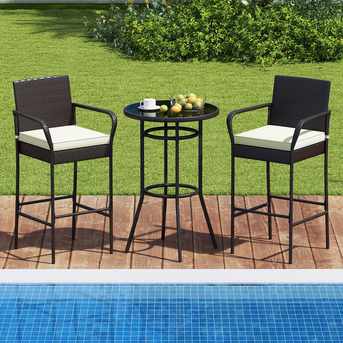 Patio Rattan Bar Height Table and Chairs with 2 Seat Cushions for Porch-White