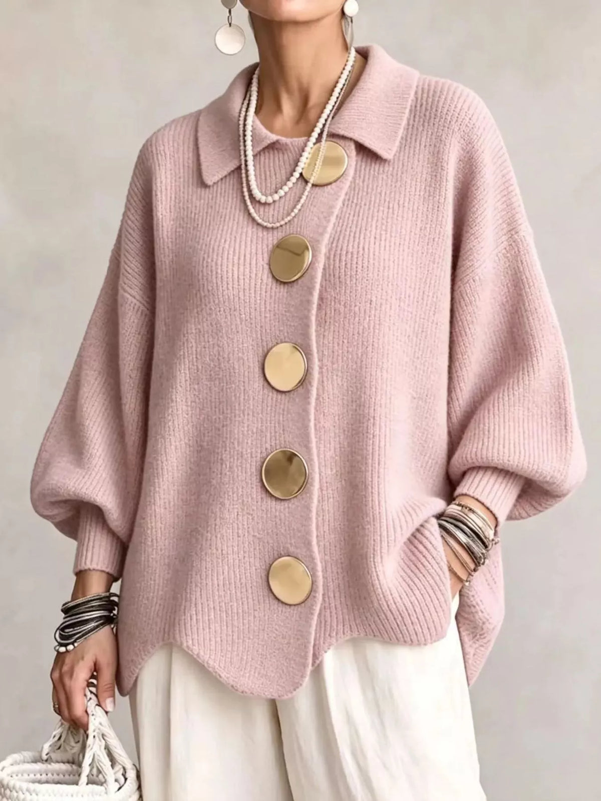 Full Size Gold Buttons Lantern Sleeve Cardigan Plus Size
