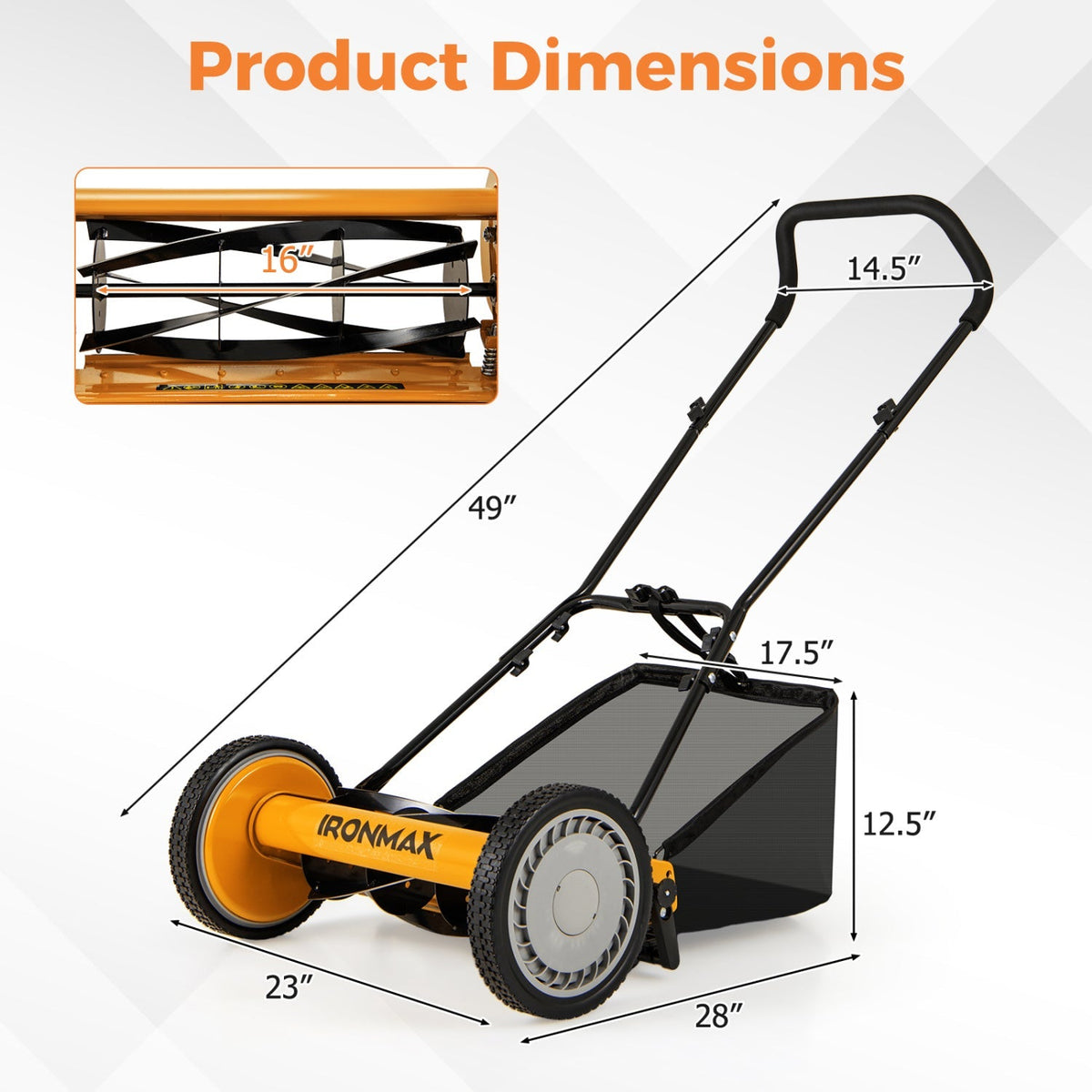 16 Inch Push Lawn Mower with 5 Steel Blades and Grass Catcher Bag