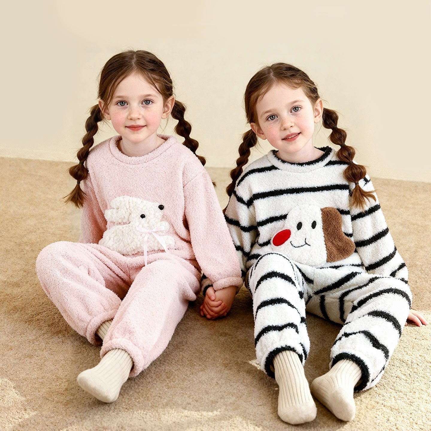 Cute-style Plush Thickened Warm Pajama And Loungewear Set For Little Girls