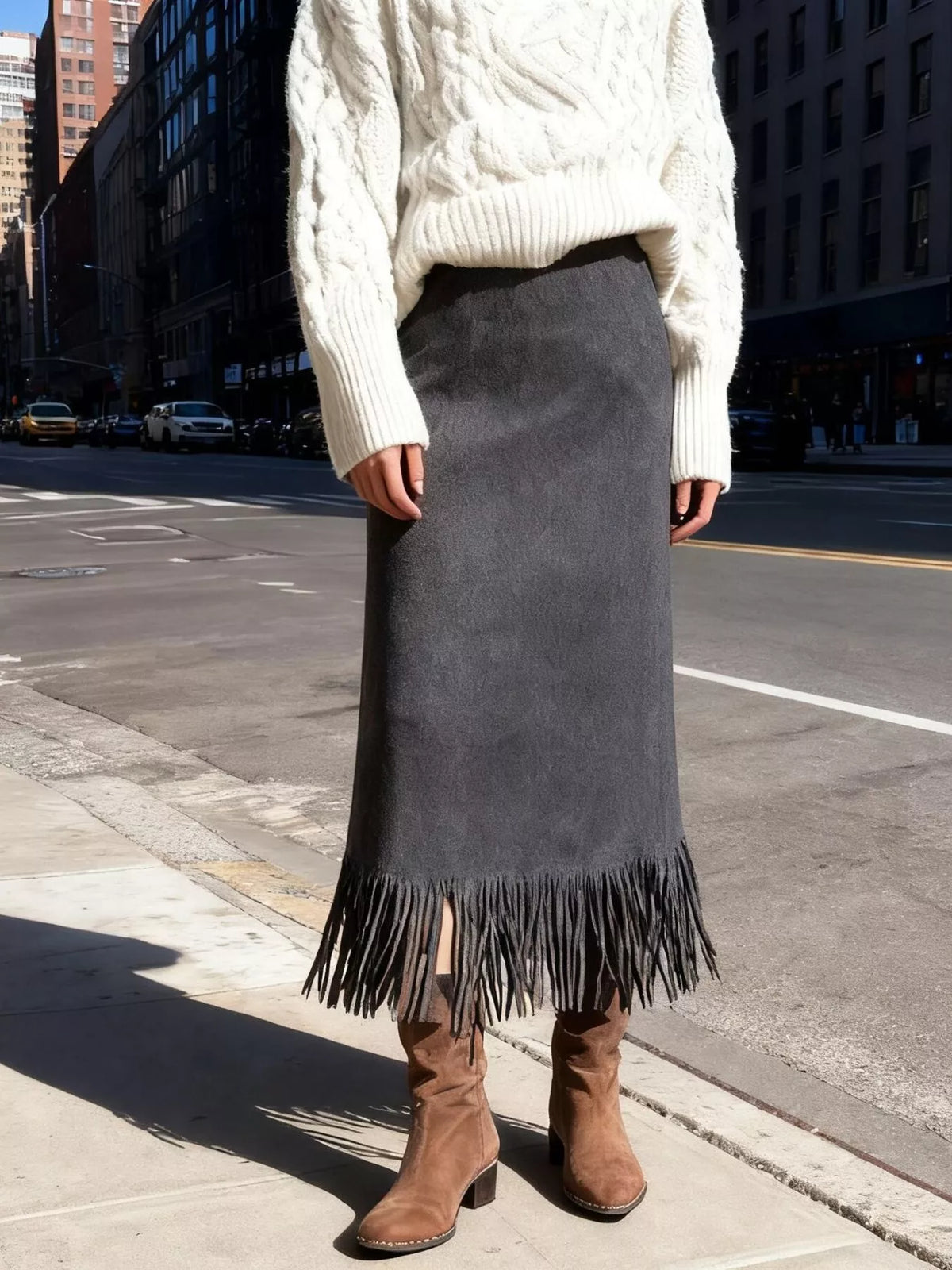 High-Waisted Suede Fringe Midi Skirt