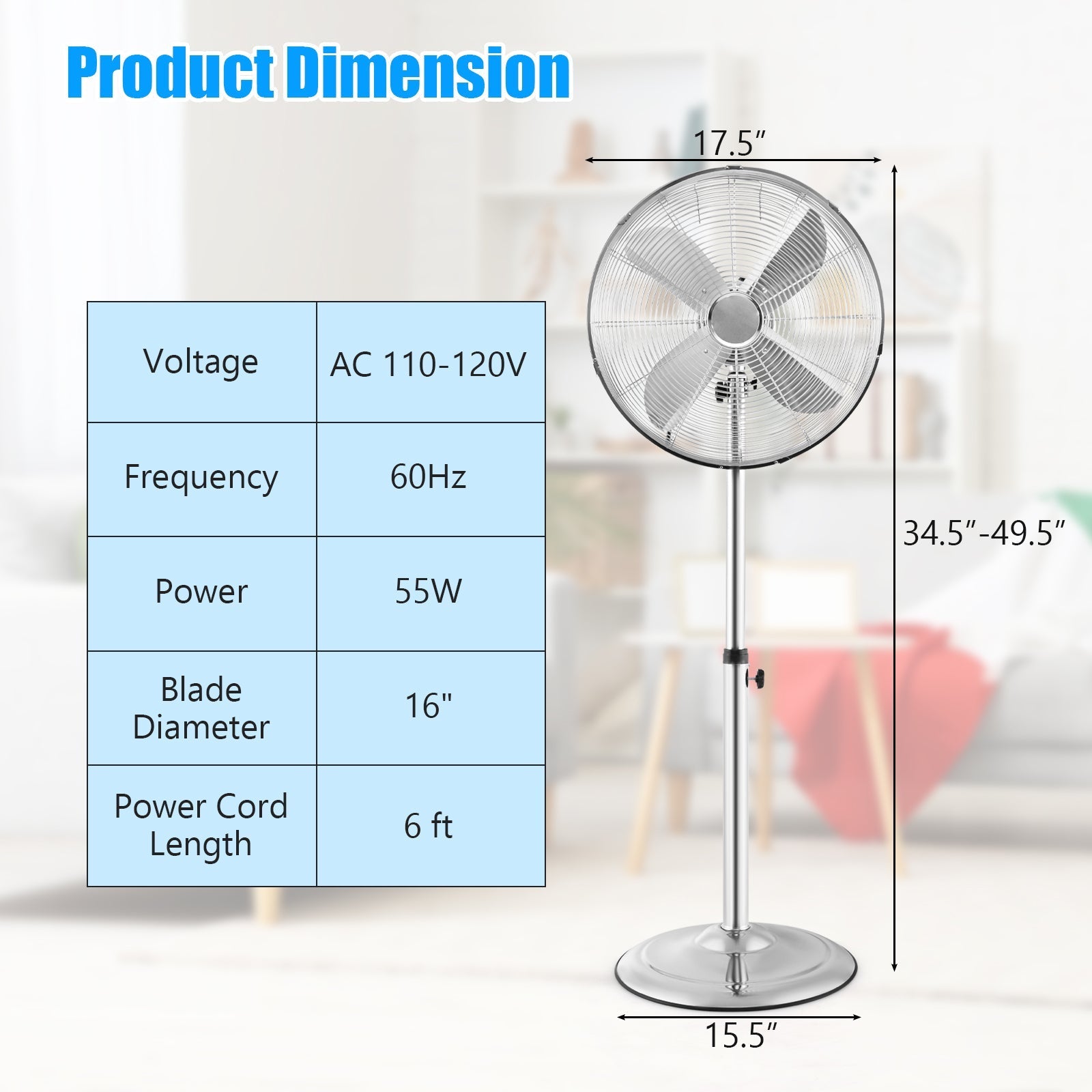 16 Inch Pedestal Standing Fan Oscillating Pedestal Fan with 3 Speeds and Adjustable Height