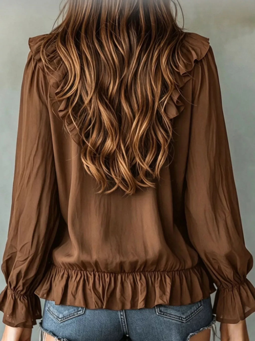Ruffle V-Neck Long Sleeve Blouse