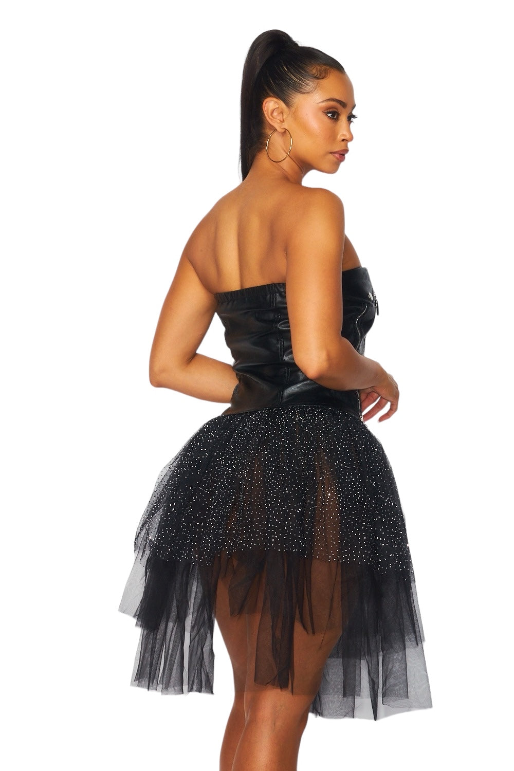 Vegan Leather Zipper Tulle Tube Dress