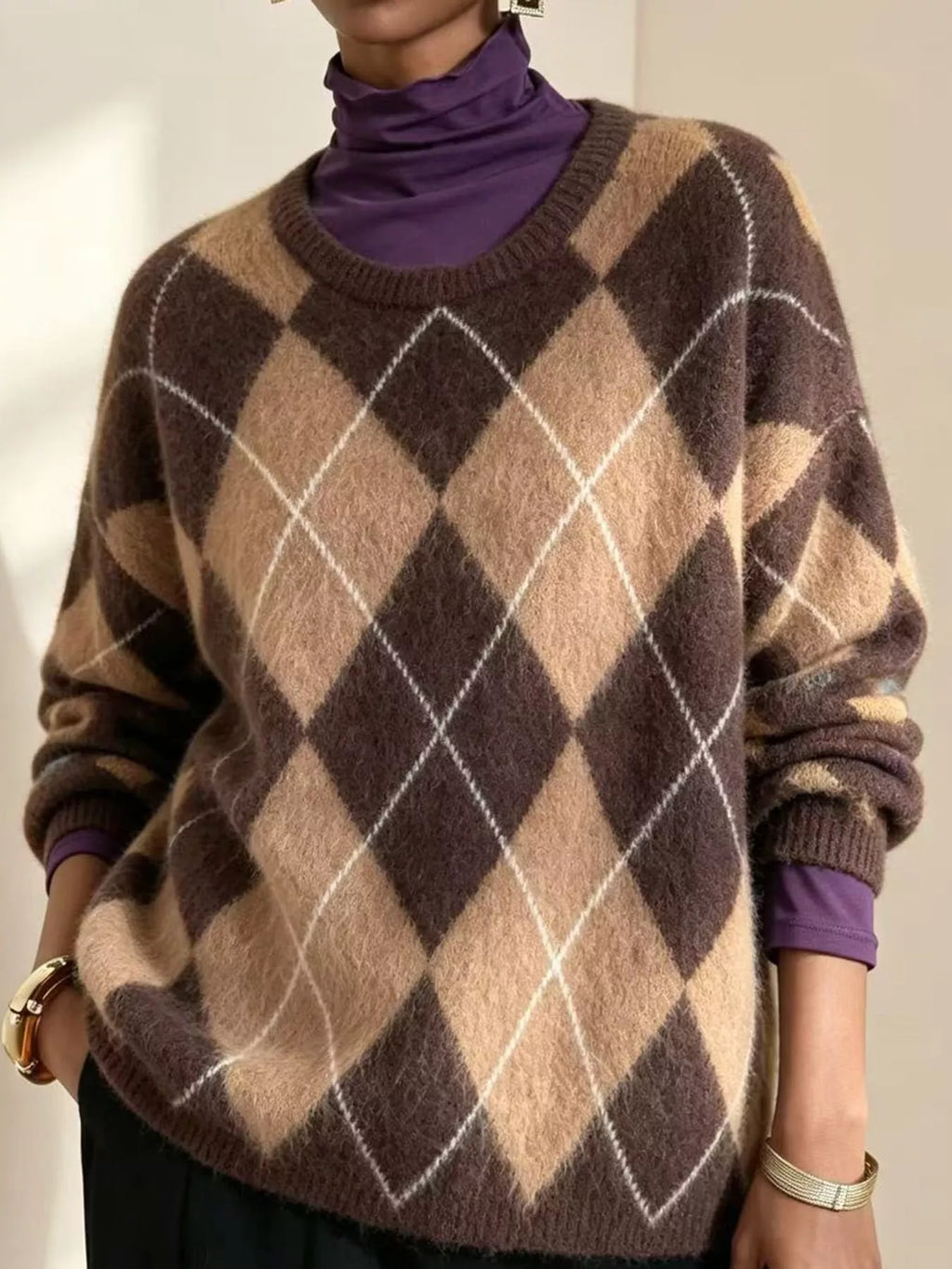 Argyle Pattern Fuzzy Knit Sweater