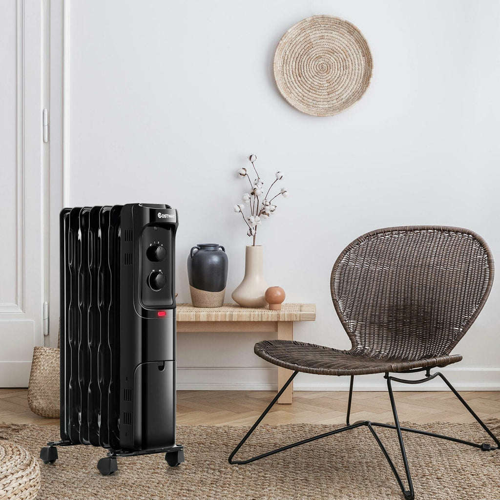 1500W Oil Filled Portable Radiator Space Heater with Adjustable Thermostat