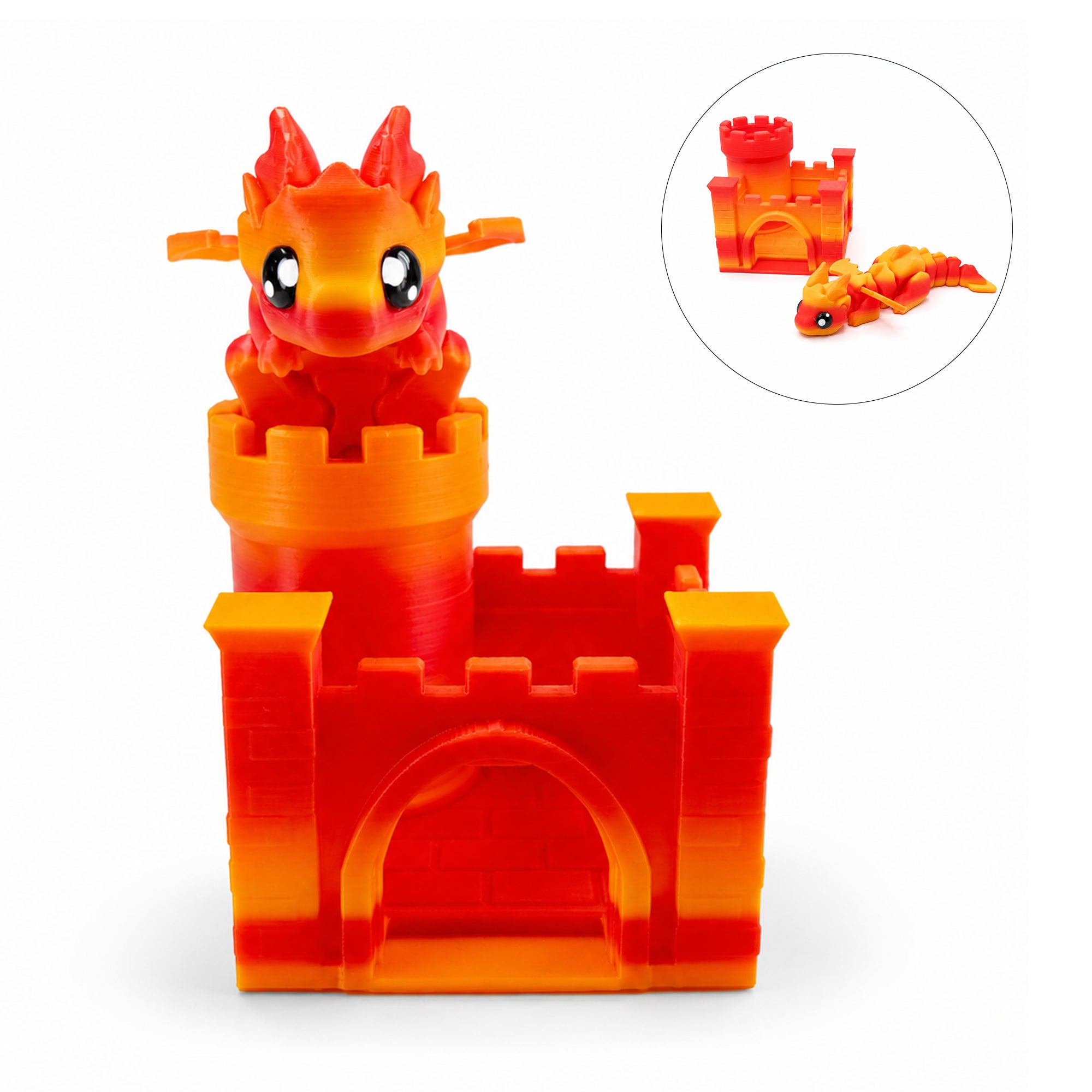 3D Printed Articulated Dragon And Castle Set, Cute Movable Flying Dragon Figure With Mini Castle, Desk Decor Fidget Toy Gift For Kids And Adults