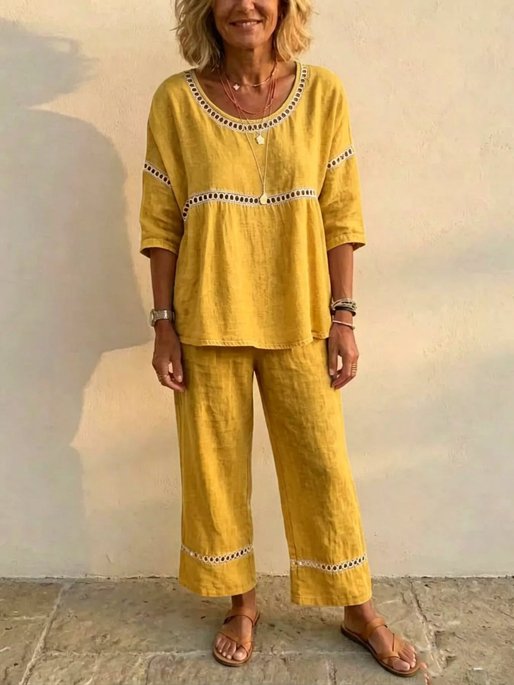 Full Size Hollow-Out Detailing Top and Pants Set Plus Size