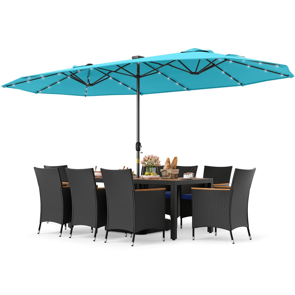 11 Pieces Patio Dining Set with LED Patio Umbrella with Base and Seat Cushions (Navy)