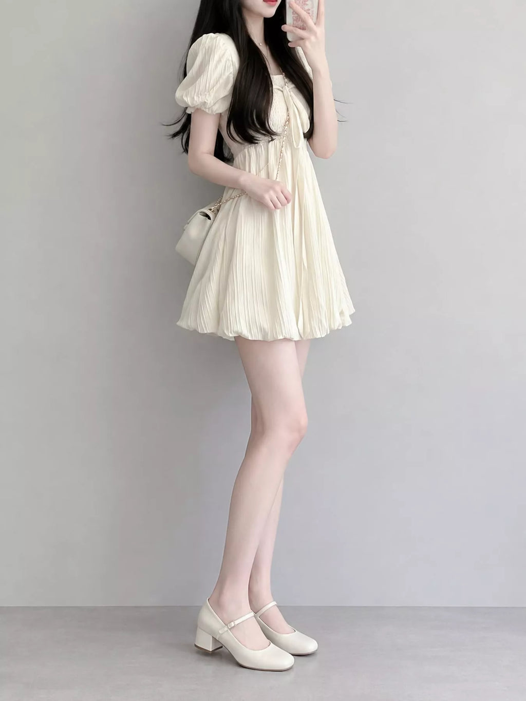 Puff-Sleeve Smocked Mini Dress with Tie-Front Detail
