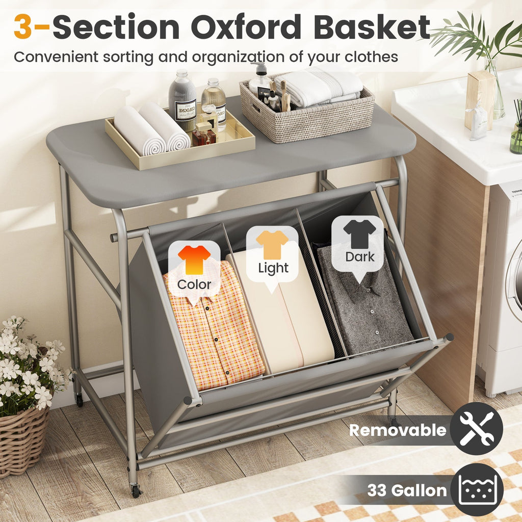 3-Section Laundry Sorter with Foldable Ironing Board and Lockable Wheels-Gray