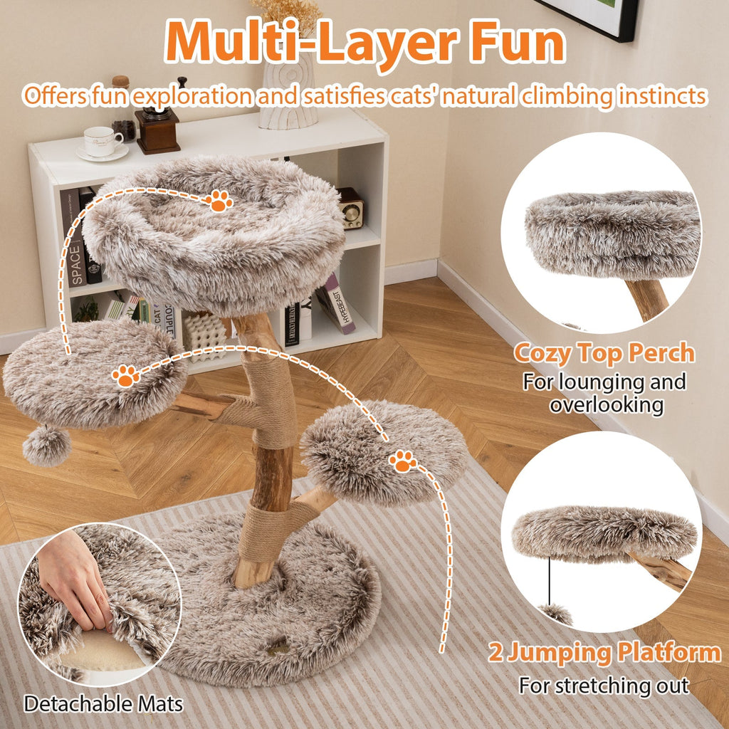 Cat Tree Solid Pear Wood with Perch and Natural Jute Scratching Posts-Brown