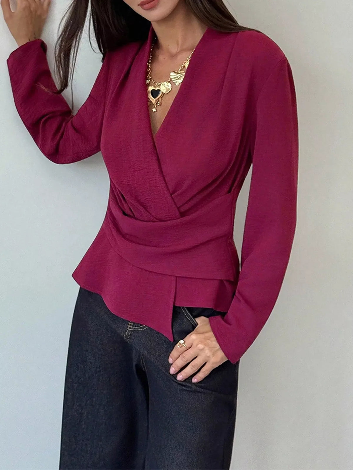 Wrap-Front Long Sleeve Blouse