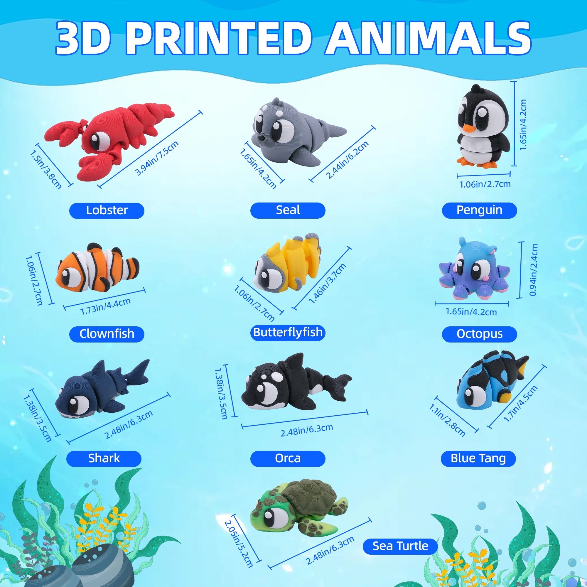 10PCS 3D Printed Mini Ocean Animal Figures Set