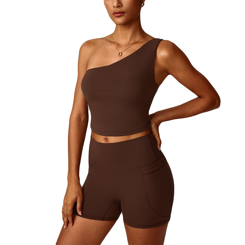 Womens Cloud-Feel Slanted One-Shoulder Cinched-Yoke Yoga Tank Top