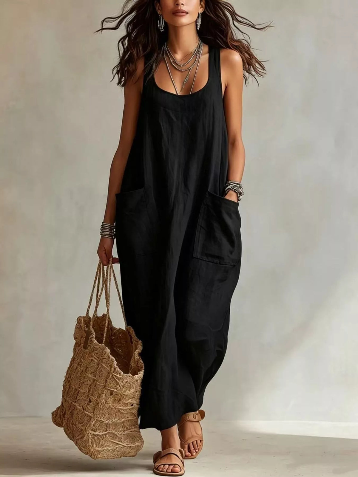 Scoop Neck Sleeveless Maxi Dress with Pockets