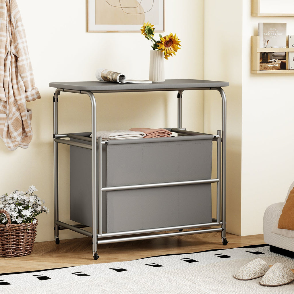 3-Section Laundry Sorter with Foldable Ironing Board and Lockable Wheels-Gray