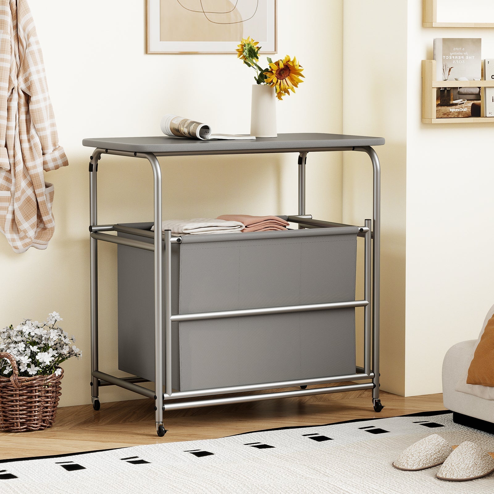 3-Section Laundry Sorter with Foldable Ironing Board and Lockable Wheels-Gray